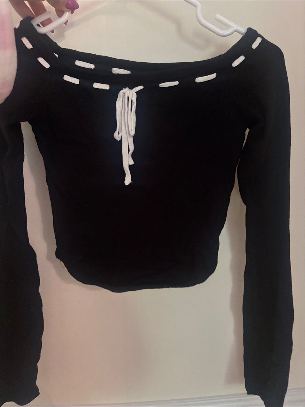 Black Off-Shoulder Long Sleeve Top with White Tie Detail